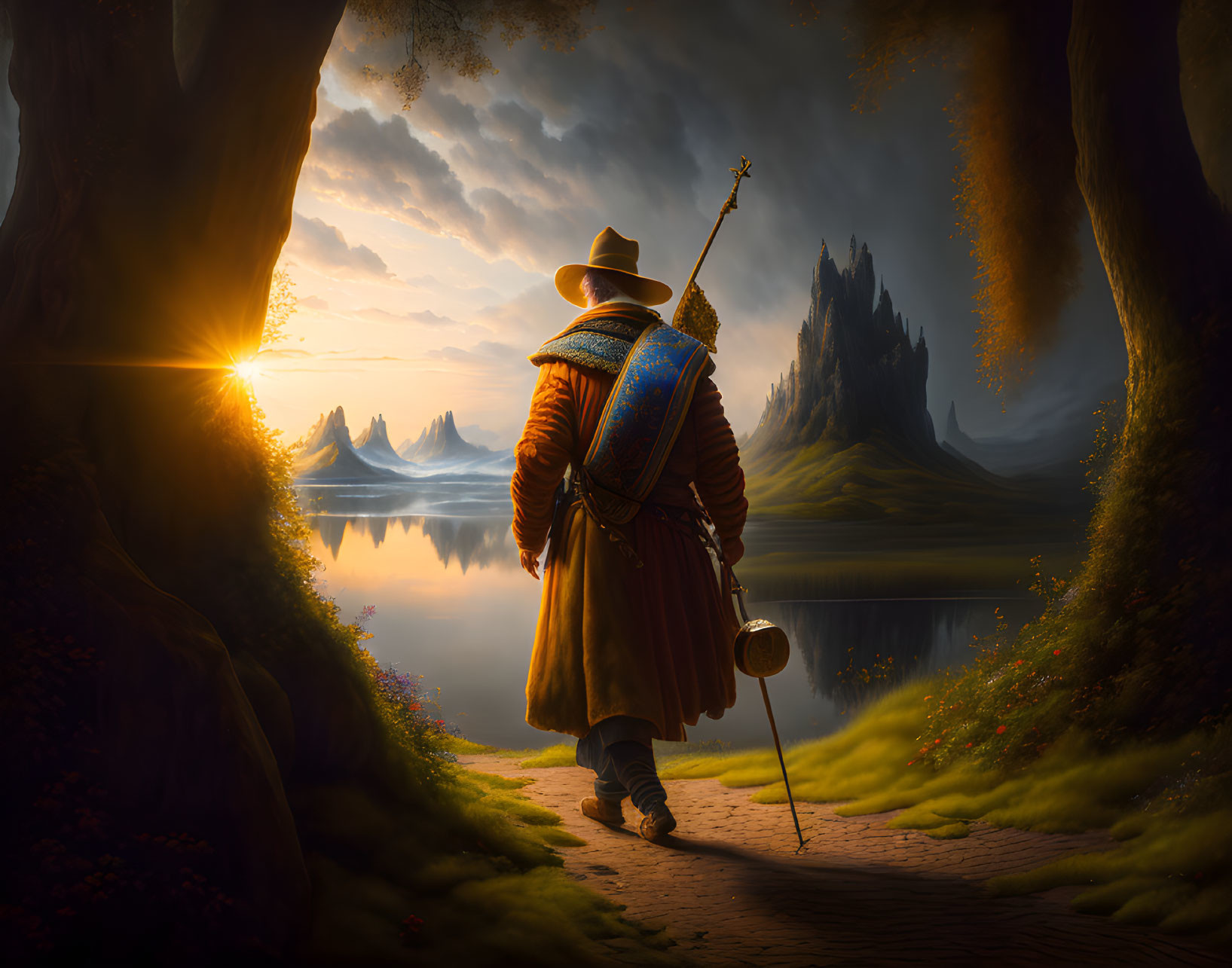 Medieval traveler at forest's edge gazes at tranquil lake and distant mountains at sunset