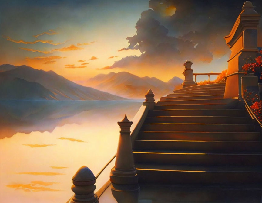 Tranquil painting of grand staircase in serene landscape