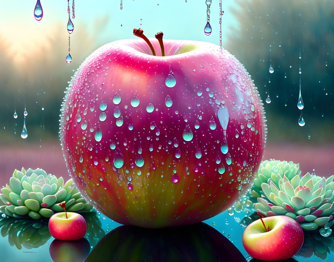 Fresh red apple with water droplets, surrounded by smaller apples and greenery.