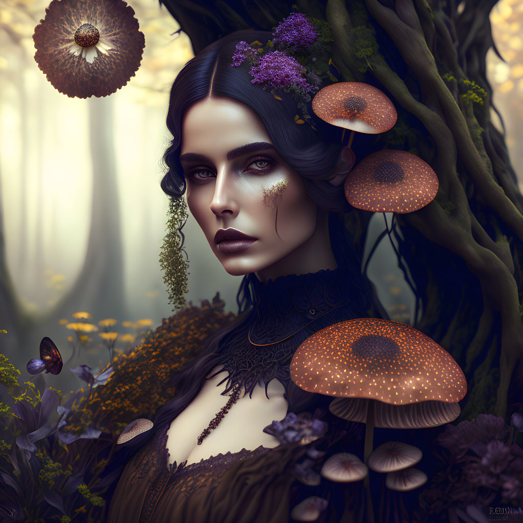 Mystical portrait of woman in dark dress with luminous mushrooms and flowers in foggy forest