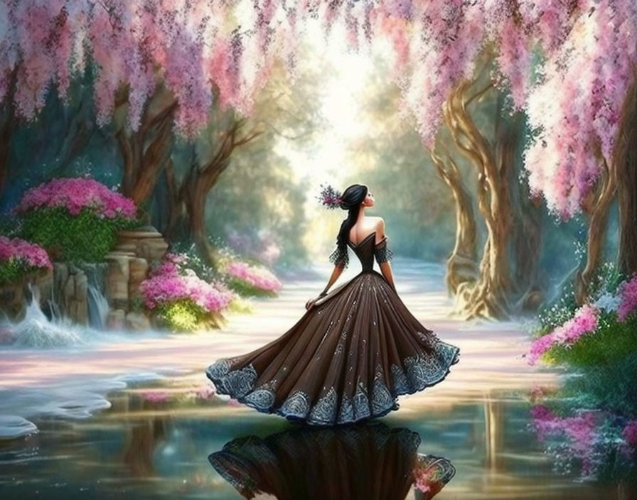 Woman in flowing gown by reflective water in mystical forest with pink trees