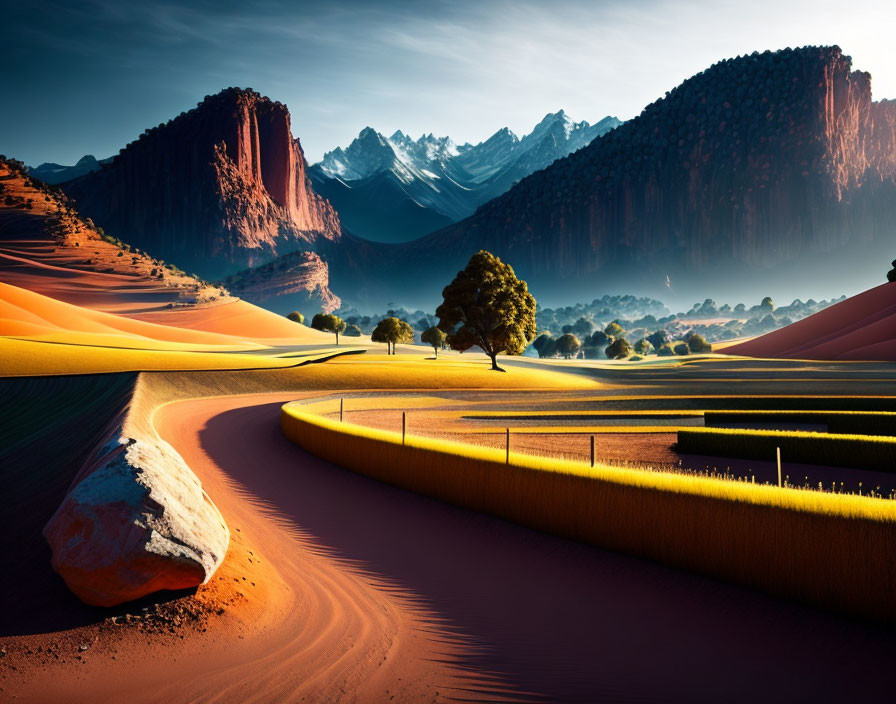 Golden sand dunes, lone tree, snow-capped mountains in stunning landscape