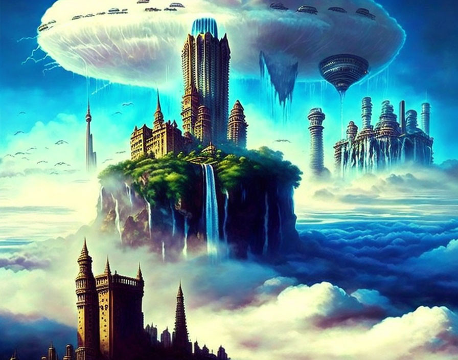 Fantastical cityscape on floating islands in surreal sky