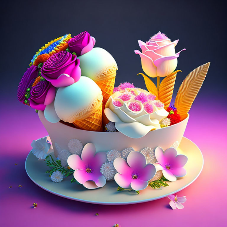 Colorful Digital Art: Oversized Teacup with Ice Cream Scoops & Floral Design