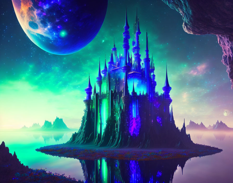 Majestic purple castle in fantasy landscape with aurora-filled sky