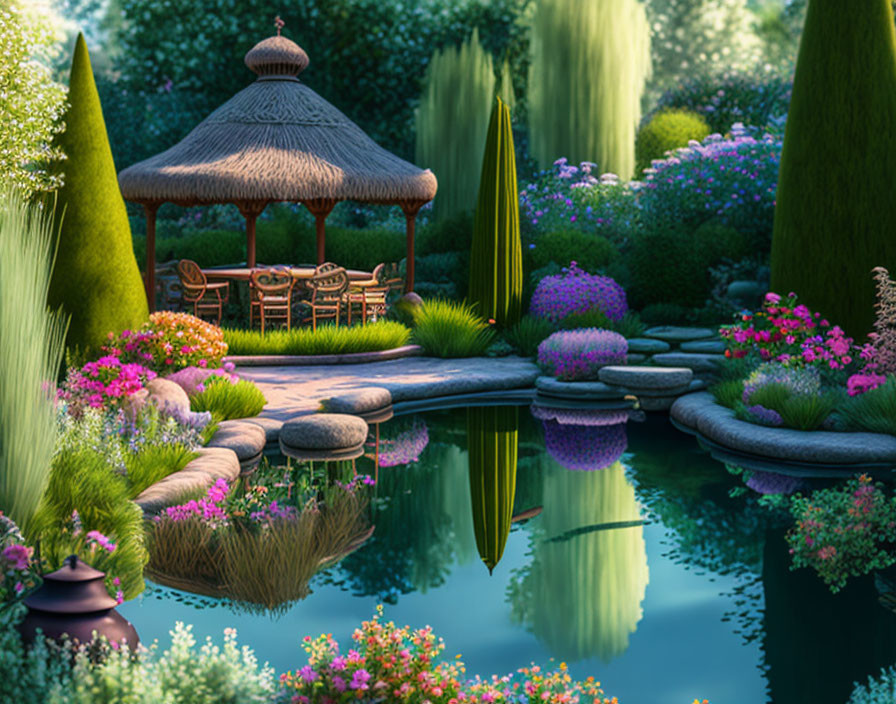 Tranquil pond and vibrant garden with gazebo.