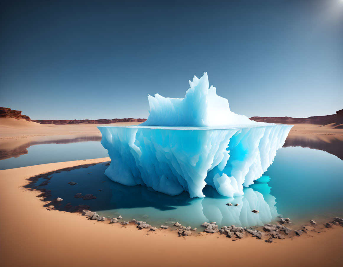 Vibrant iceberg in tranquil desert oasis under clear blue sky