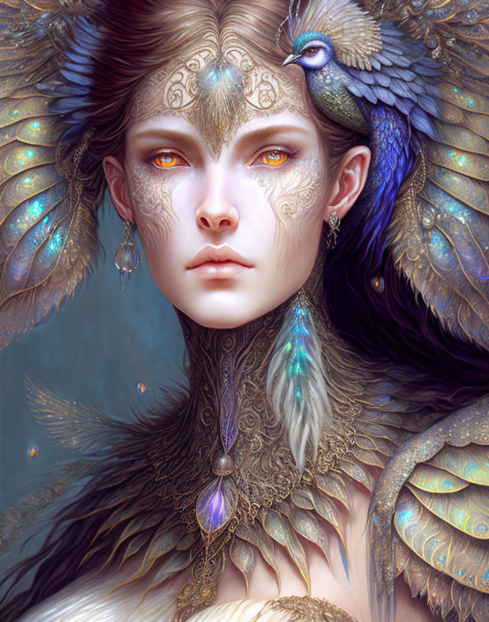 Fantasy portrait featuring gold and blue peacock feather accessories