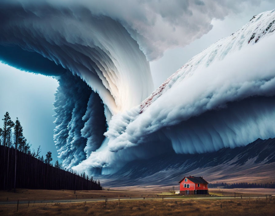 Surreal red house under massive wave cloud with dramatic sky