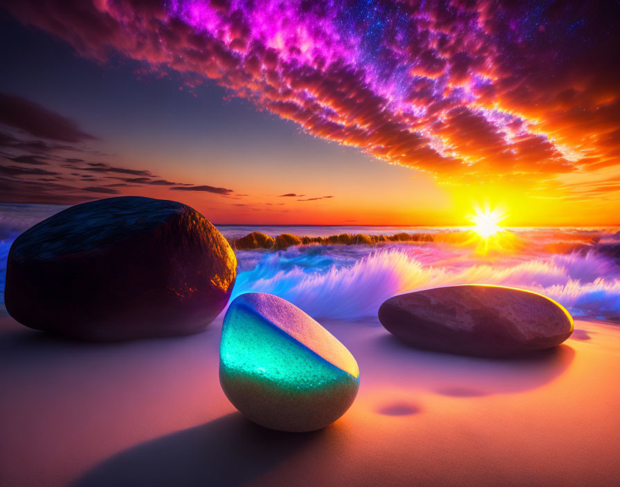 Vibrant sunset beach scene with smooth stones and crashing waves