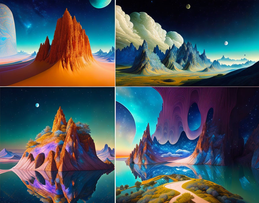 Vibrant surreal landscapes with fantastical rock formations under celestial skies