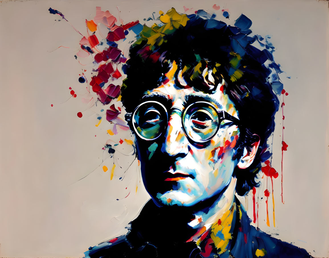 Colorful portrait of man with round glasses in expressive paint splatters on white background