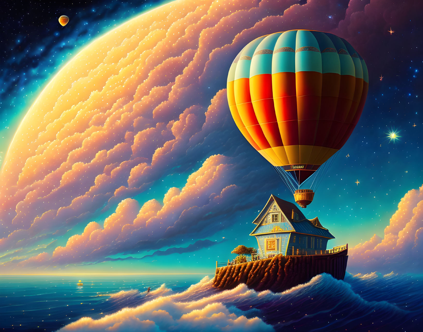 Colorful balloon with house above clouds at sunset, planet and stars in background