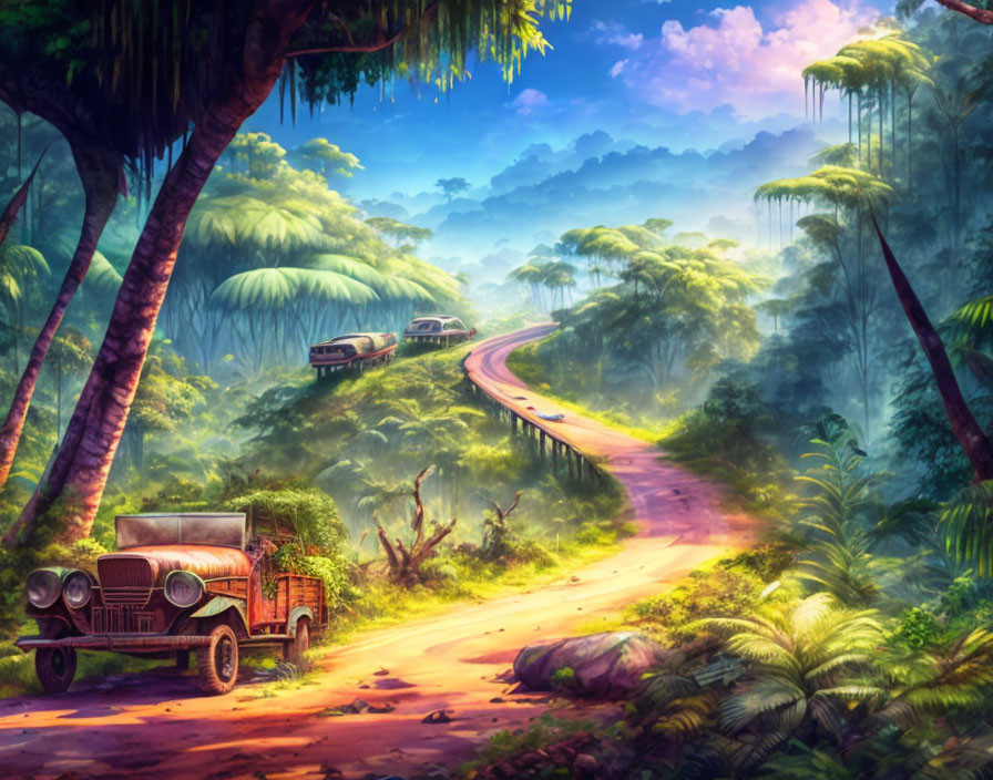 Jungle landscape with winding road, old jeep, buses, lush greenery, sunlit sky