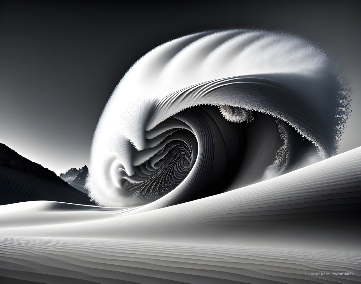 Monochromatic abstract image of textured wave with spiral patterns