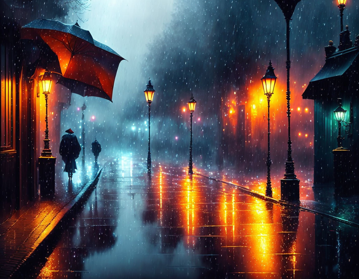 Rainy Evening Scene: People with Umbrellas under Street Lamp Glow