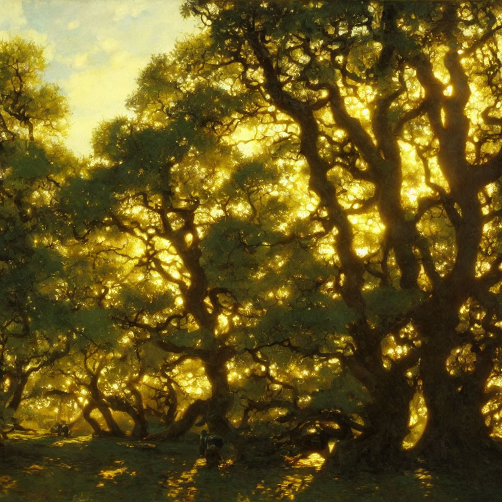 Sunlight filtering through dense oak grove branches creates a serene atmosphere