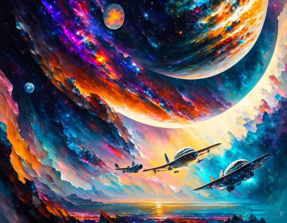 Colorful digital artwork: Airplanes in surreal celestial landscape