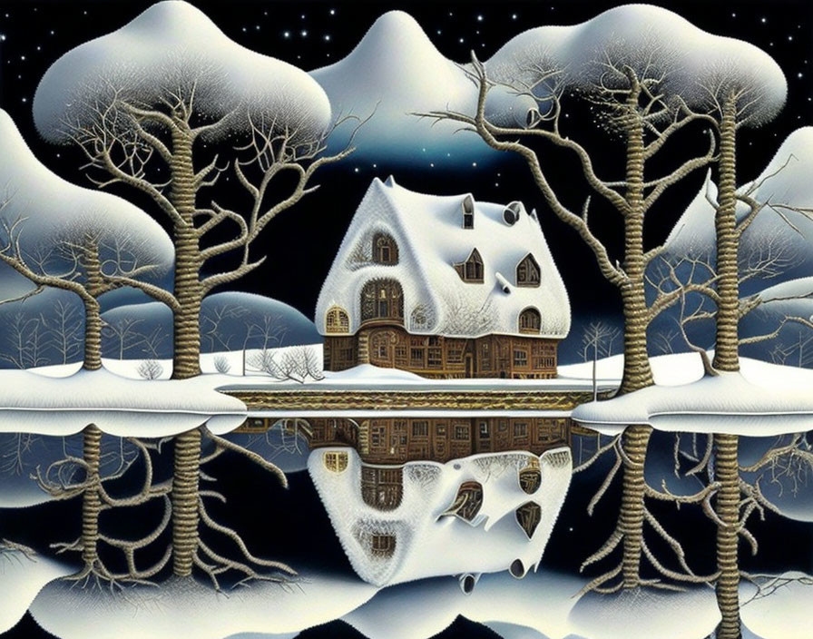 Winter landscape with house, trees, frozen lake, and starry sky