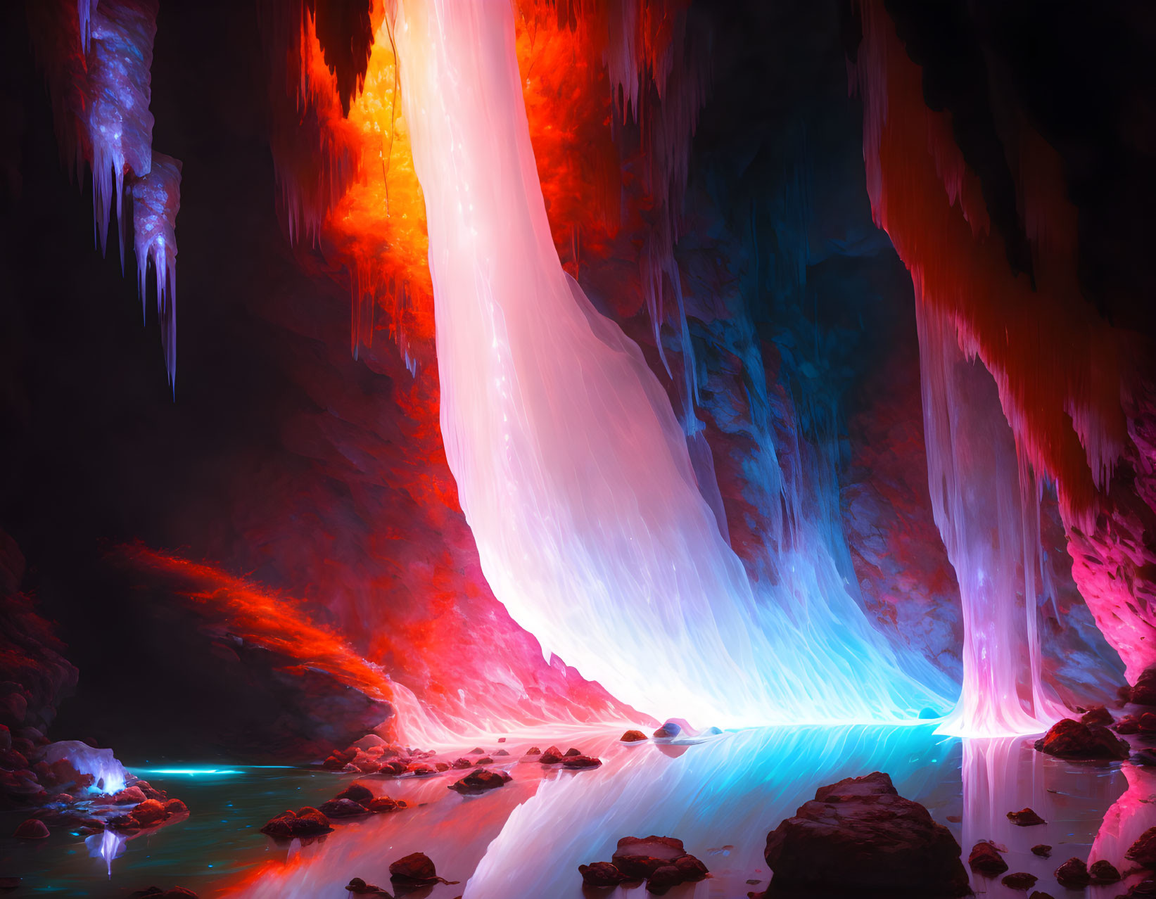 Surreal cave with vibrant blue and red lights, flowing stream, stalactites, and stal