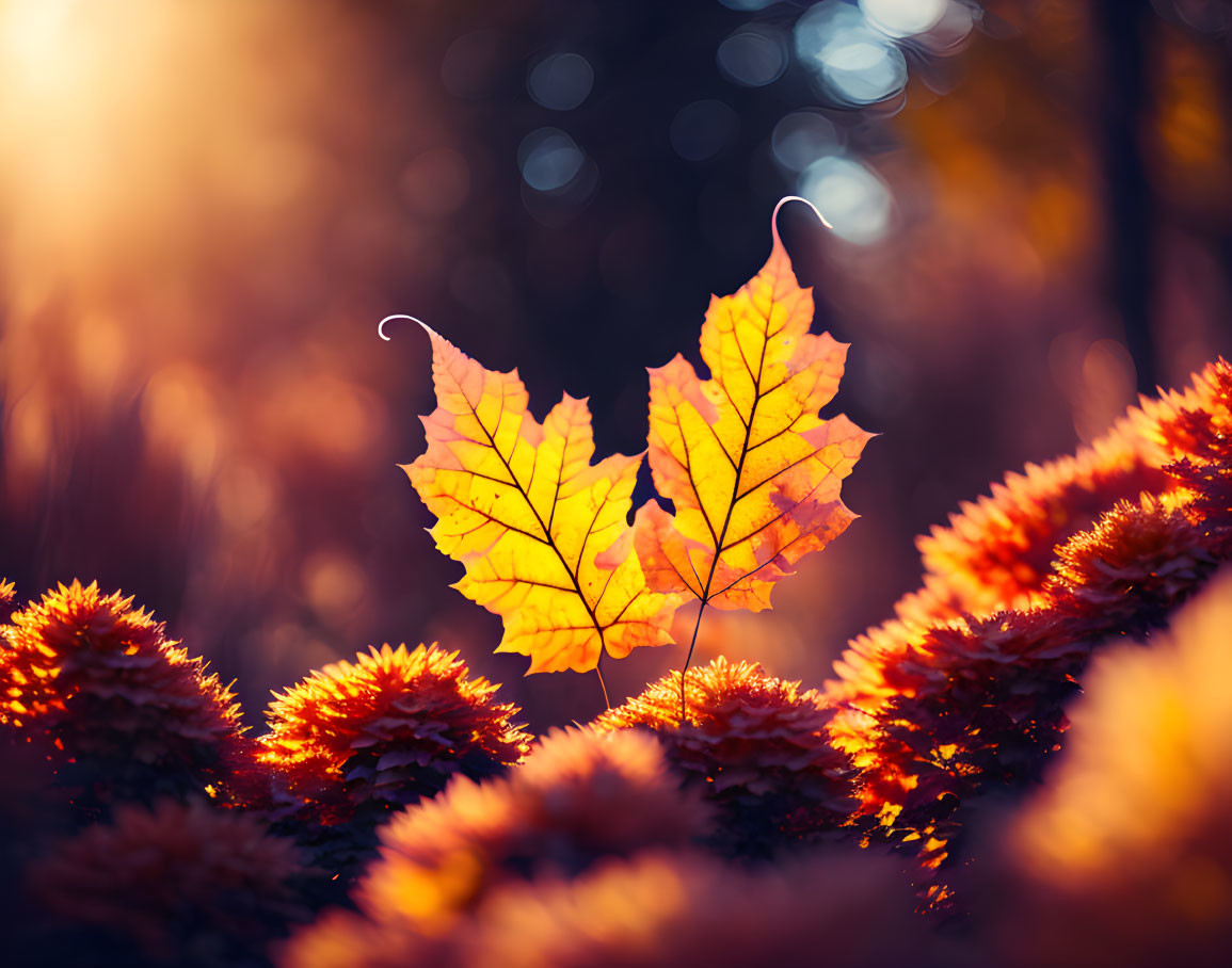 Backlit maple leaves in golden sunlight among blurred red foliage