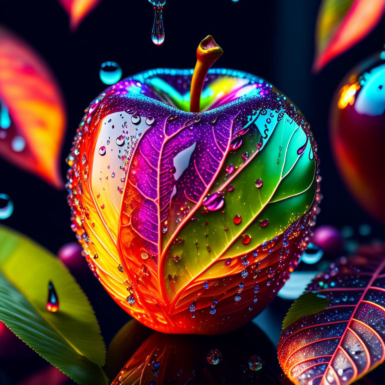 Colorful apple with water droplets and leaf on dark background