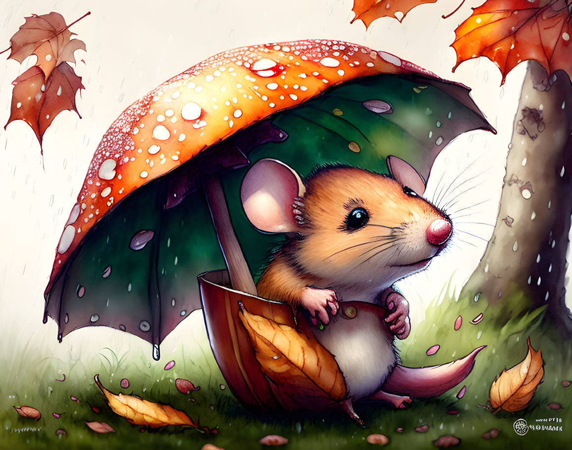 Adorable mouse with leaf umbrella on autumn leaves with water droplets