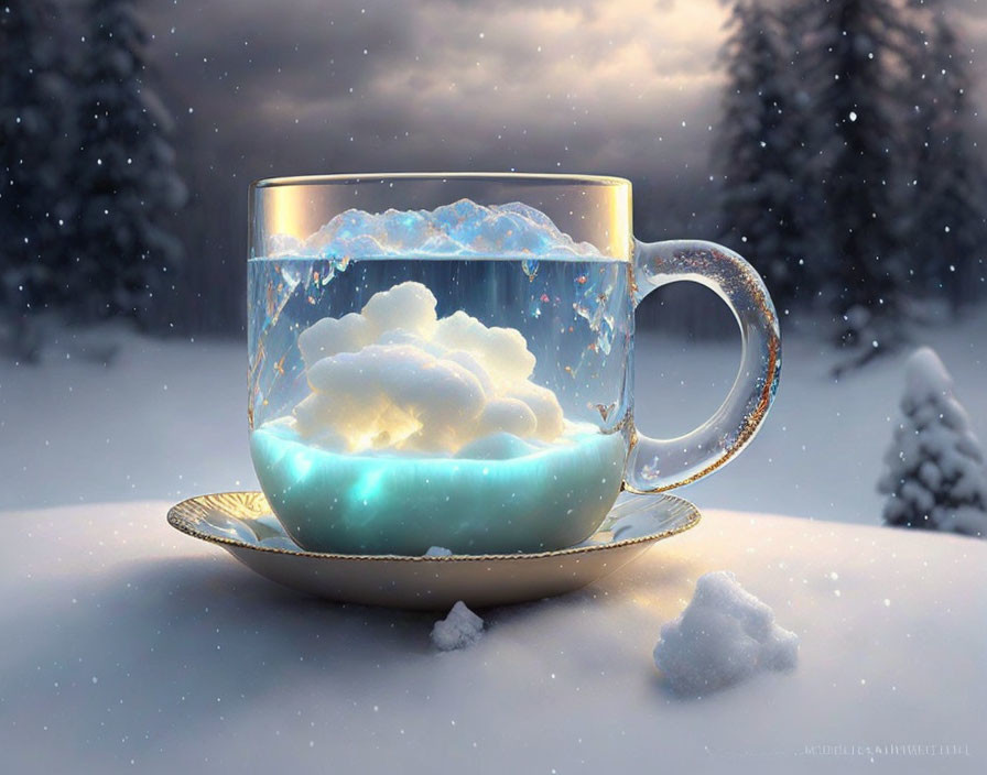 Miniature snowy landscape in magical cup against wintry forest backdrop