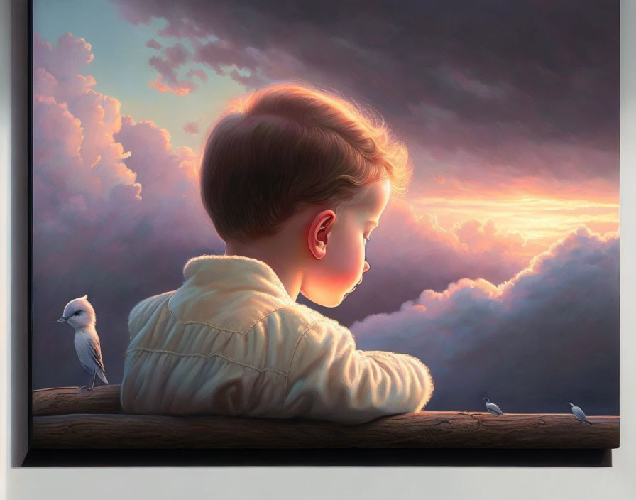 Child admiring sunset with clouds and birds in warm, realistic art style