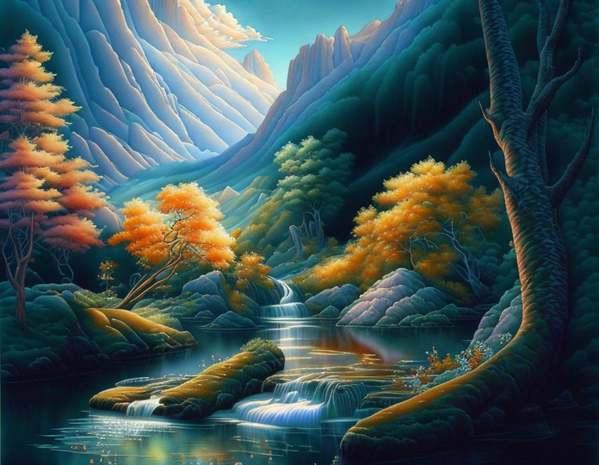 Tranquil autumn landscape with waterfalls and mountain range