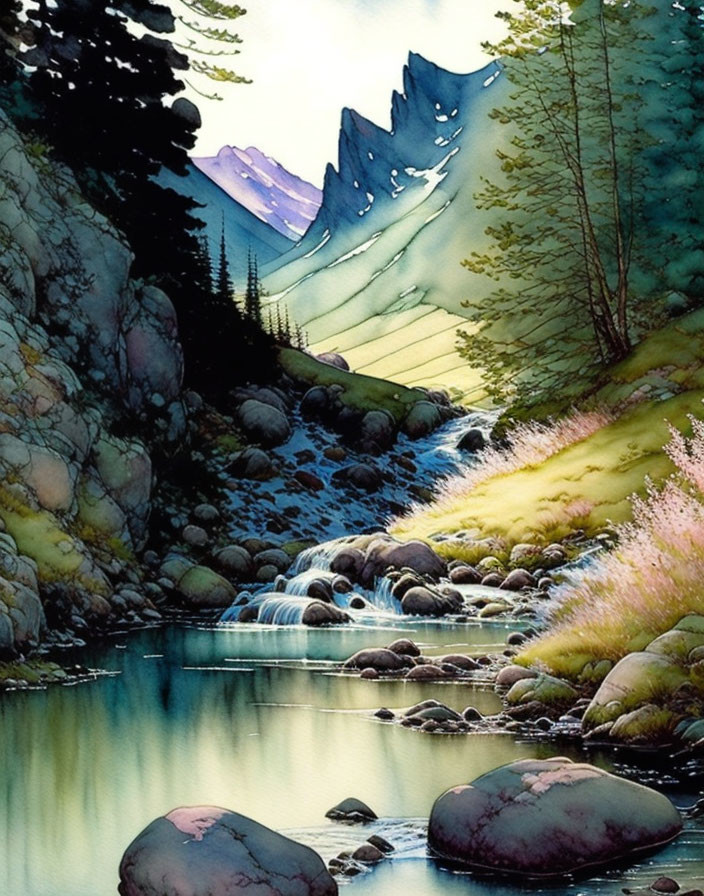 Tranquil watercolor of mountain stream and lush foliage