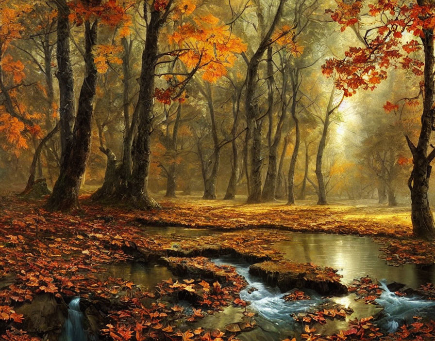 Vibrant autumn forest with stream and fallen leaves