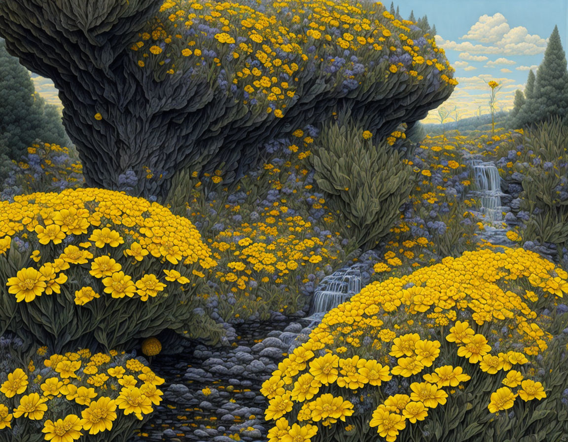 Tranquil landscape with yellow flowers, waterfall, and rock formations