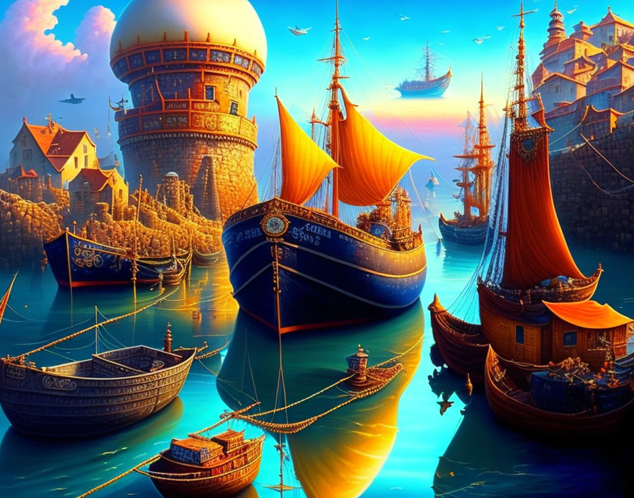 Fantasy port scene with ornate ships, golden sails, cobblestone dock, and whimsical