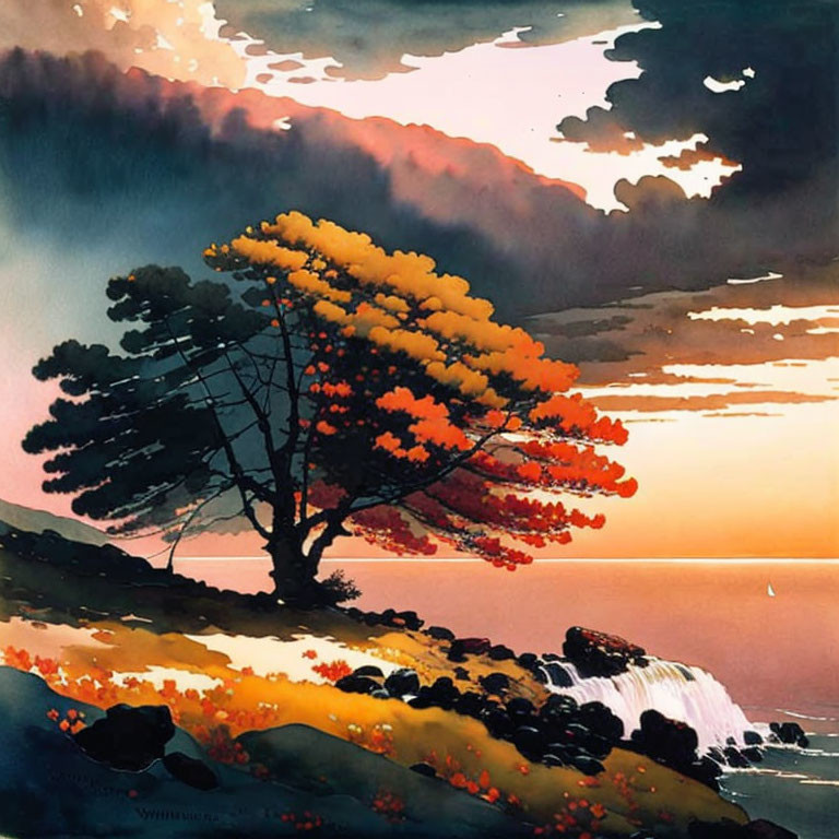 Colorful Tree Painting on Cliff Overlooking Waterfall & Sea at Sunset