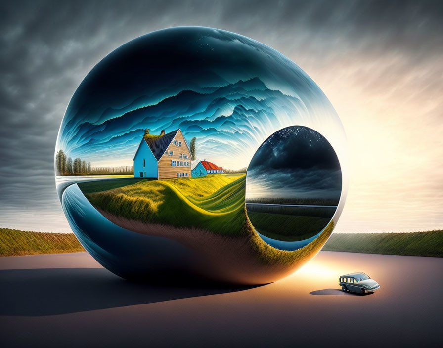 Reflective sphere with countryside landscape and car blending day and night