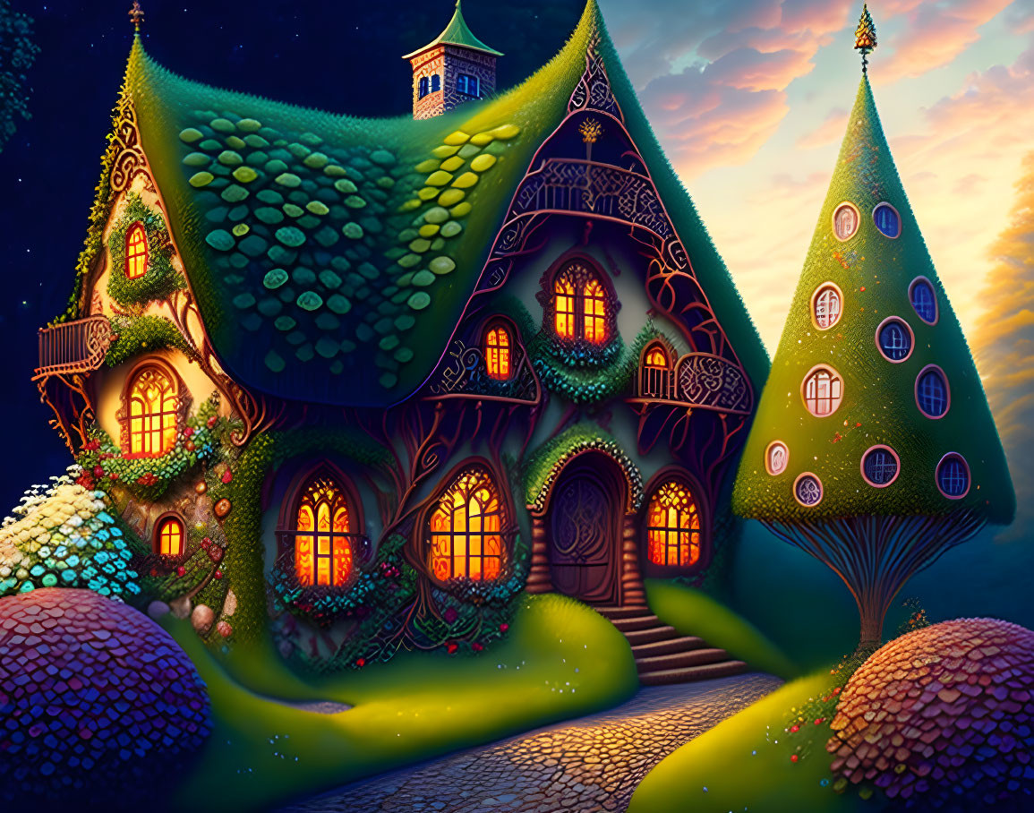 Fairytale cottage in magical forest with glowing windows