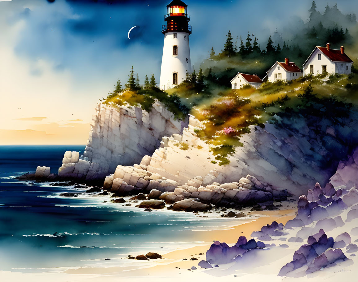 Cliff-top lighthouse with houses, greenery, and crescent moon.