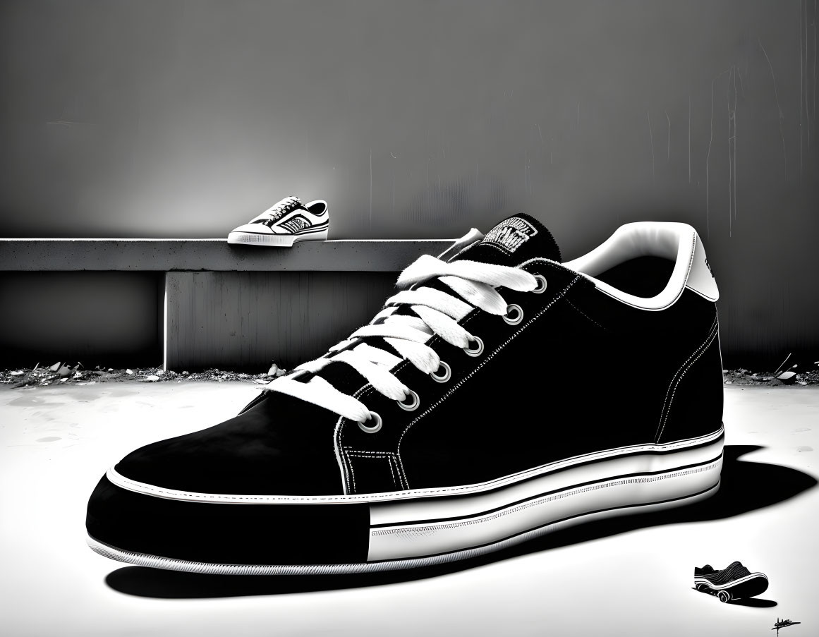 Monochrome sneaker on reflective surface with smaller sneaker in background