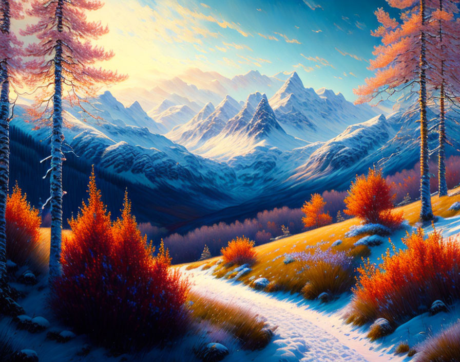 Colorful Autumn Mountain Landscape with Pathway and Blue Sky