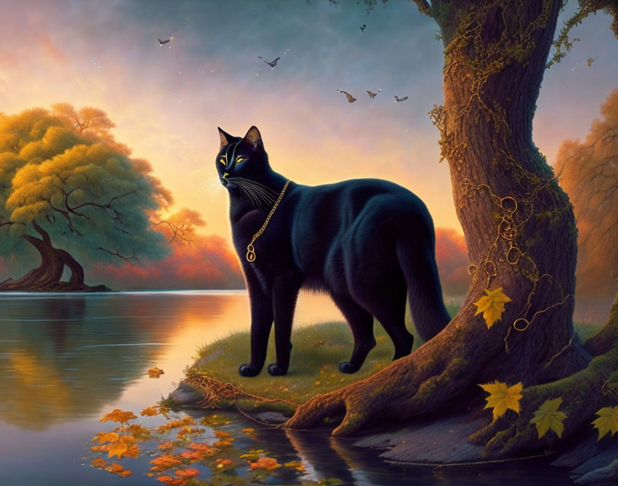 Black Cat with Golden Collar at Autumn Lake Sunset