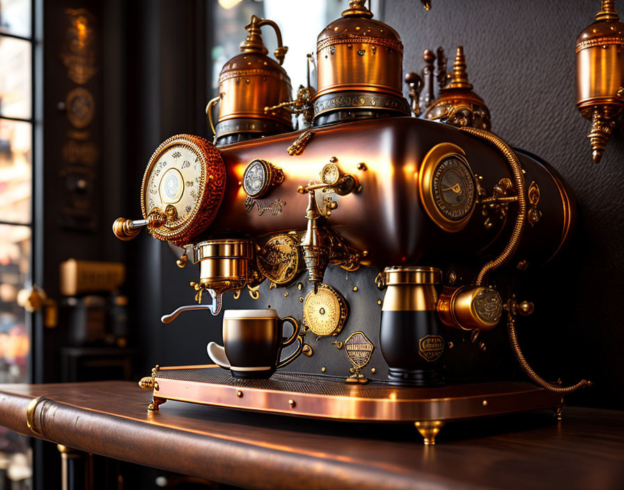 Steampunk-style espresso machine with copper and golden accents on wooden counter