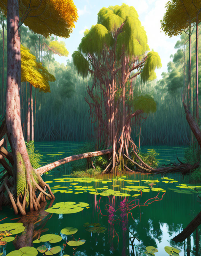 Tranquil swamp scene with lush greenery and towering trees