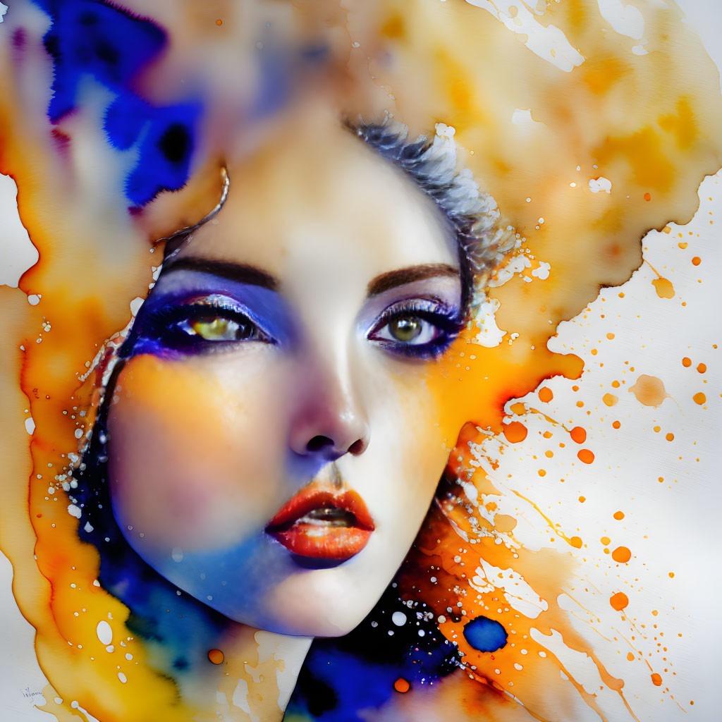 Colorful digital painting: Woman's face with abstract watercolor splashes