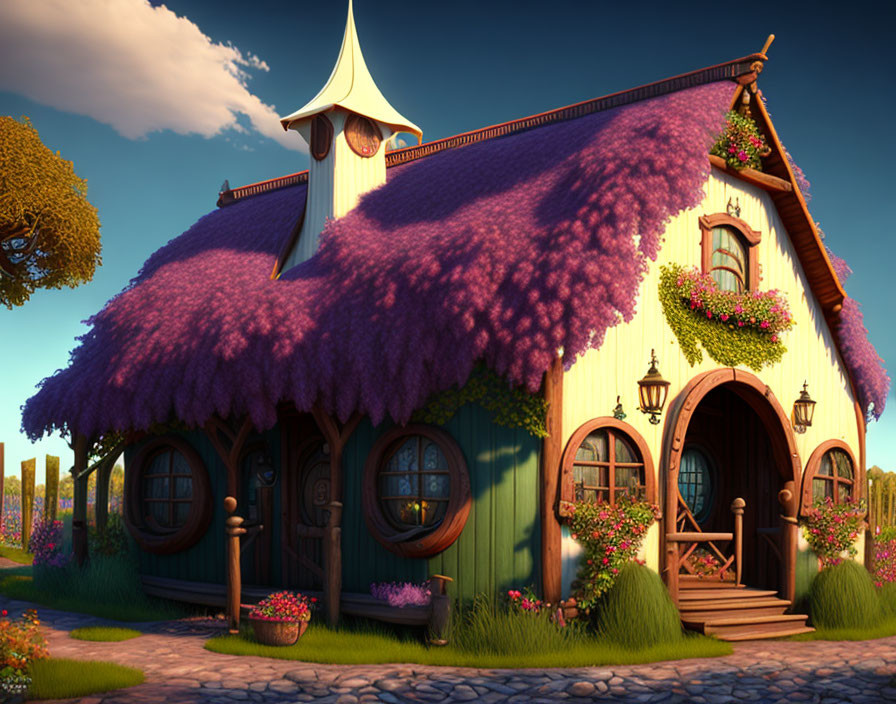 Fantasy Cottage with Purple Thatched Roof and Ornate Wooden Doors