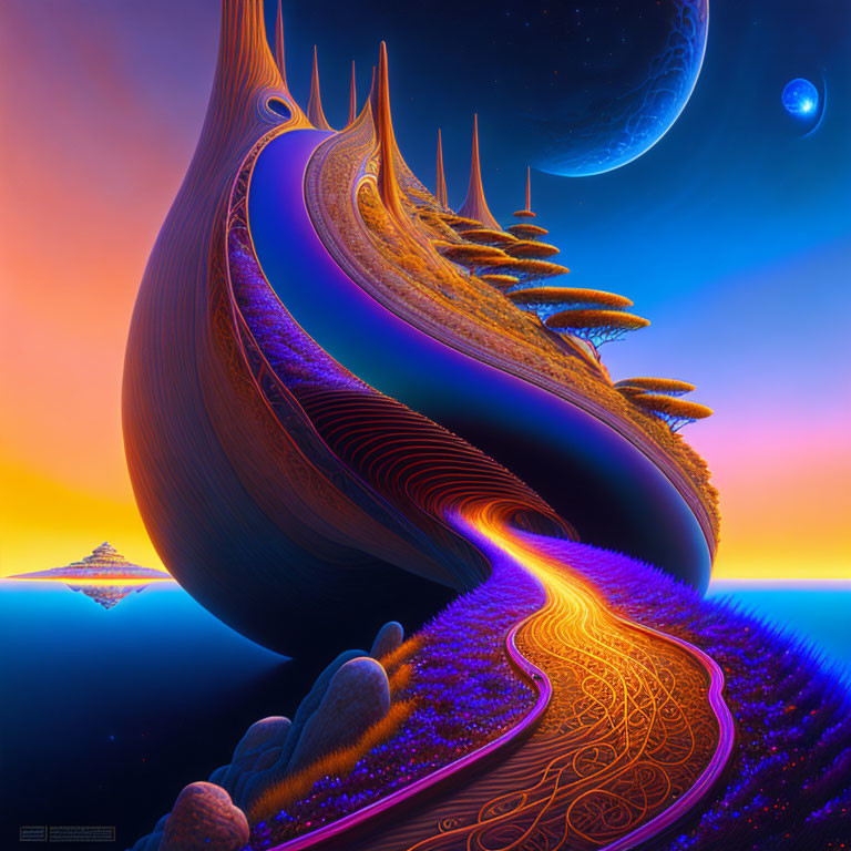 Surreal landscape with flowing structure and feather-like textures against sunset sky, planets, and ocean.