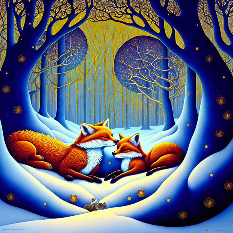 Stylized foxes in ornate blue and gold forest with intricate tree patterns.