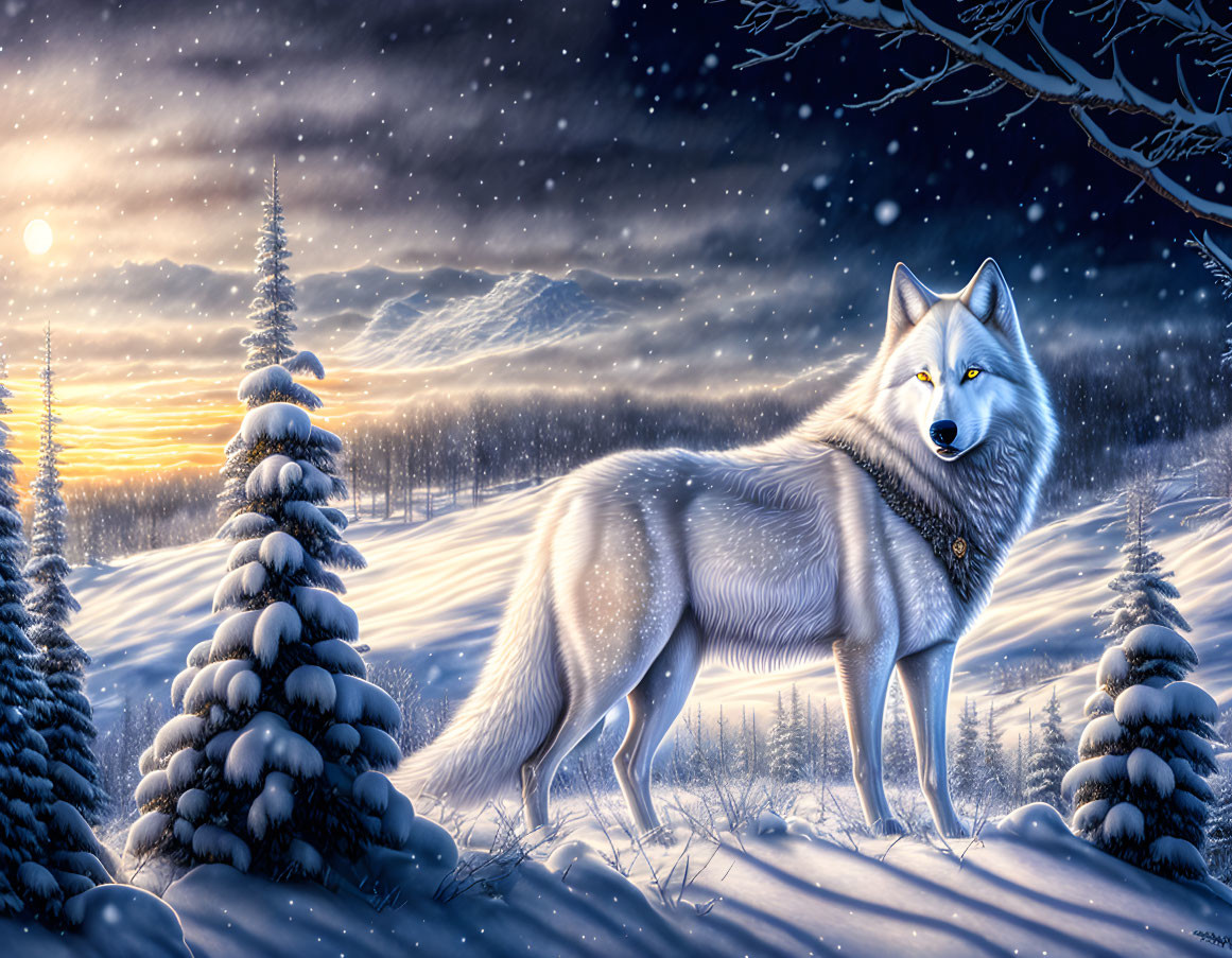 White Wolf in Snowy Landscape at Sunset with Pine Trees