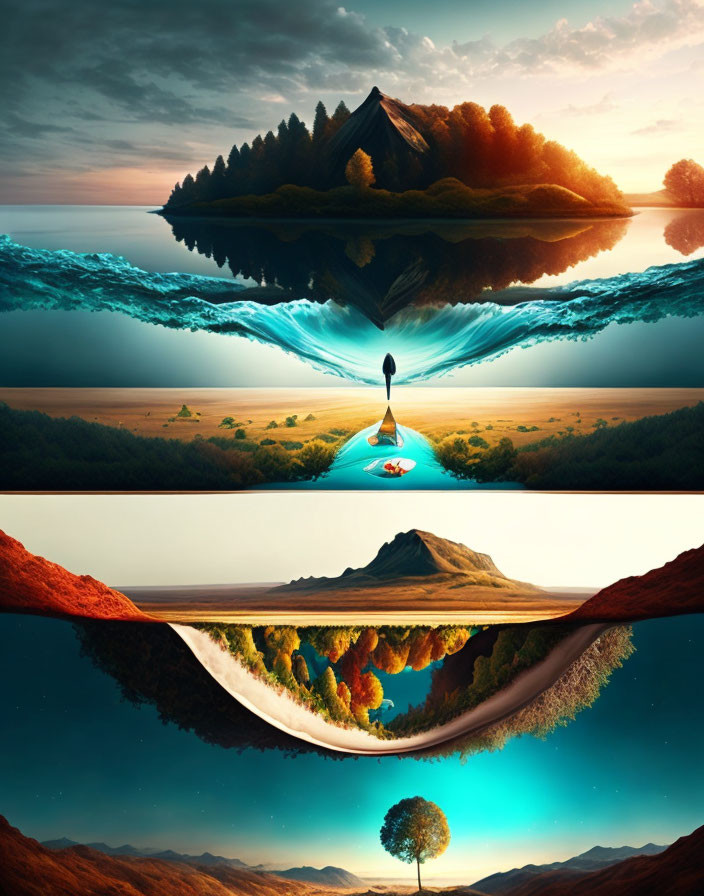 Mirrored surreal digital artwork of person in converging landscapes