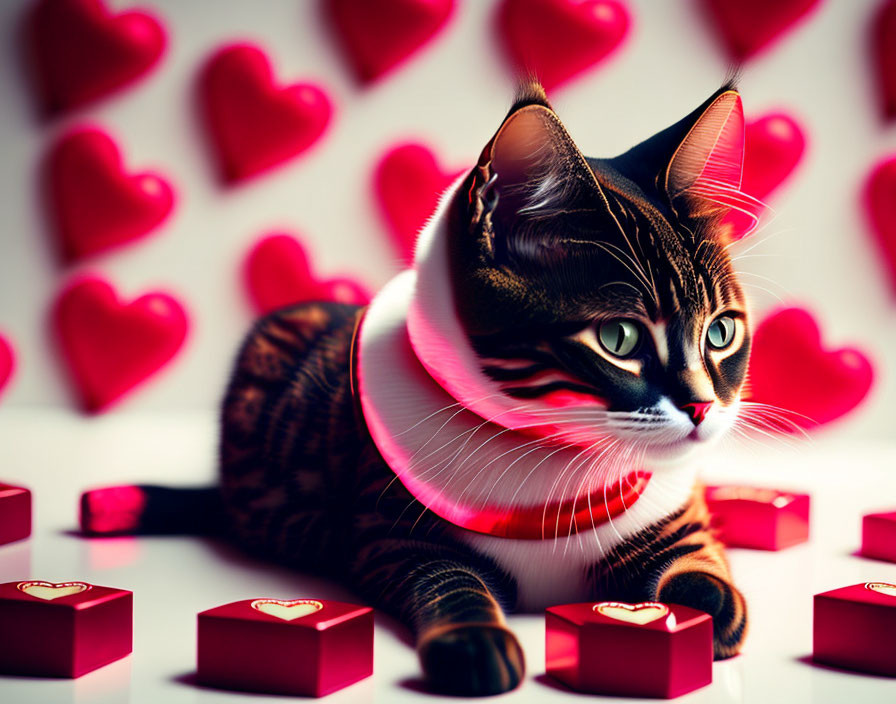 Pink Collared Cat Surrounded by Red Hearts and Heart Boxes